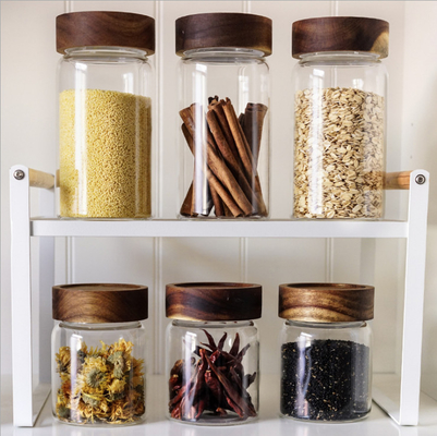 0.4L 0.5L Clear Glass Kitchen Canisters With Wooden Lids Engraving LOGO